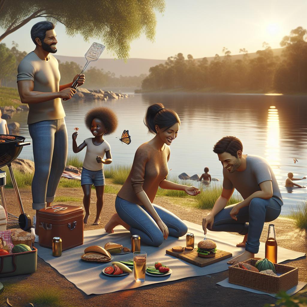 "Family picnic by lake"