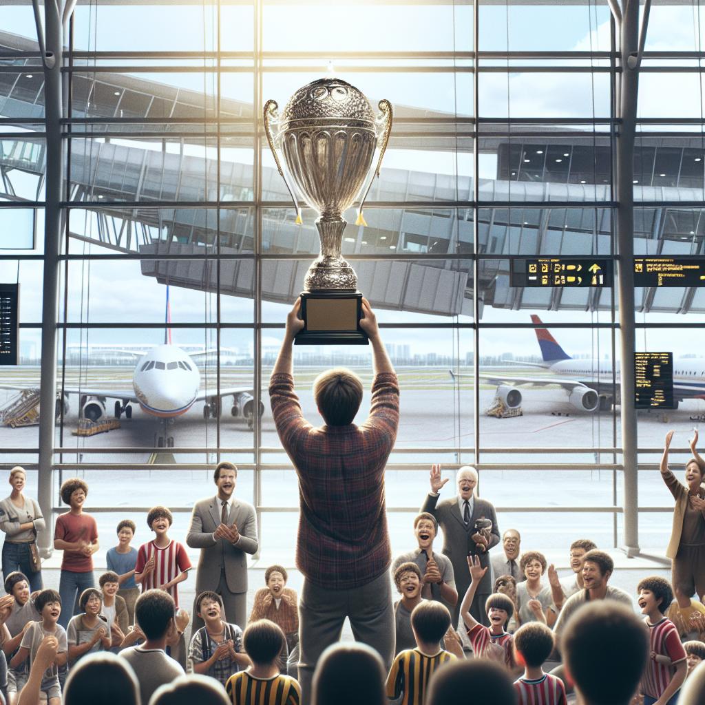 Airport trophy celebration scene.