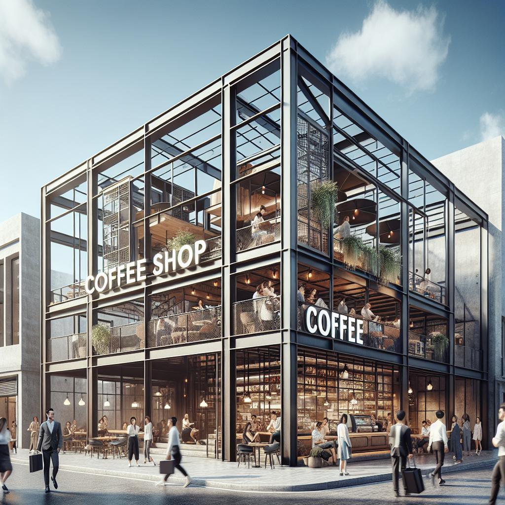 "Modern coffee shop exterior"