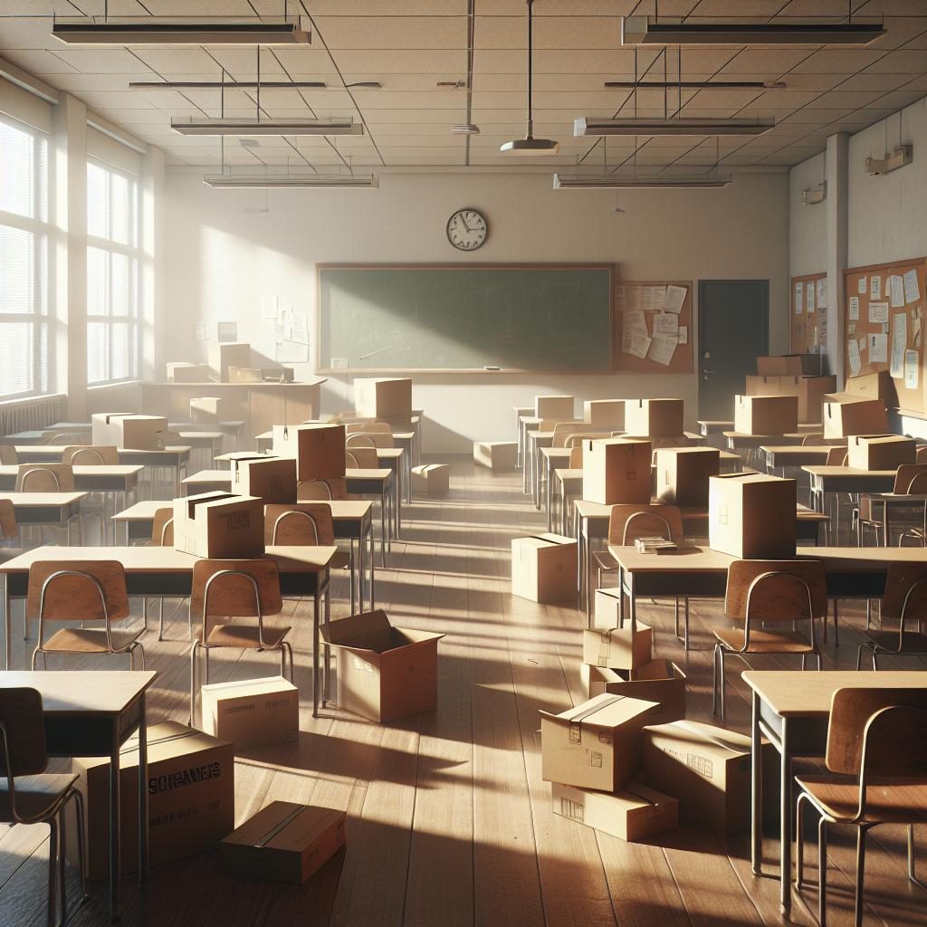 "Empty classroom with moving boxes"