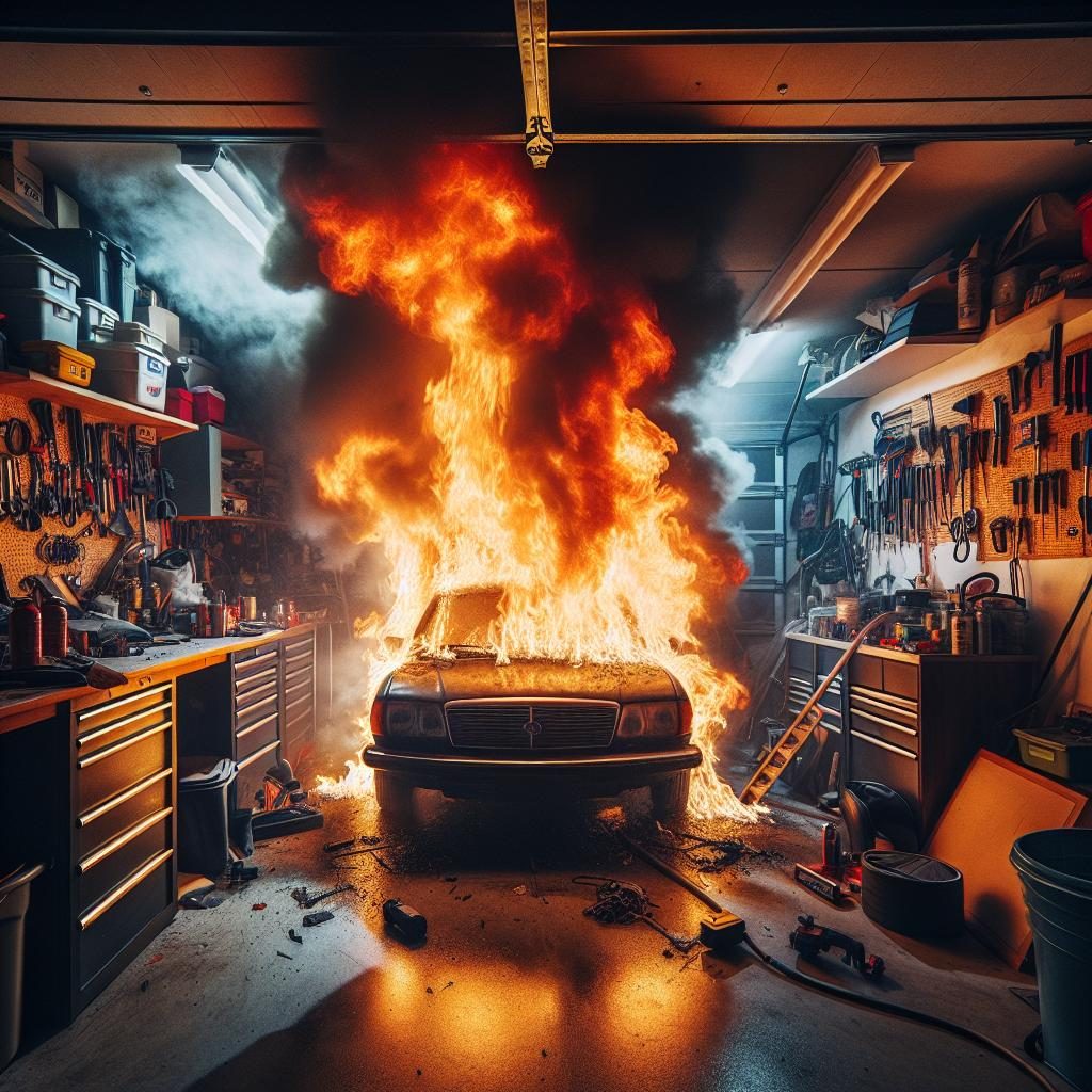 Burning vehicle in garage.