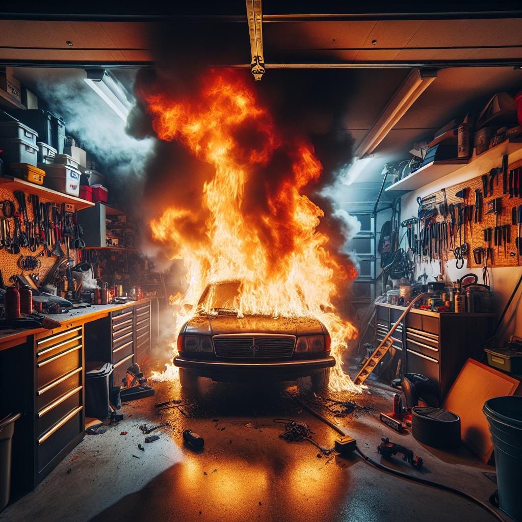 Burning vehicle in garage.