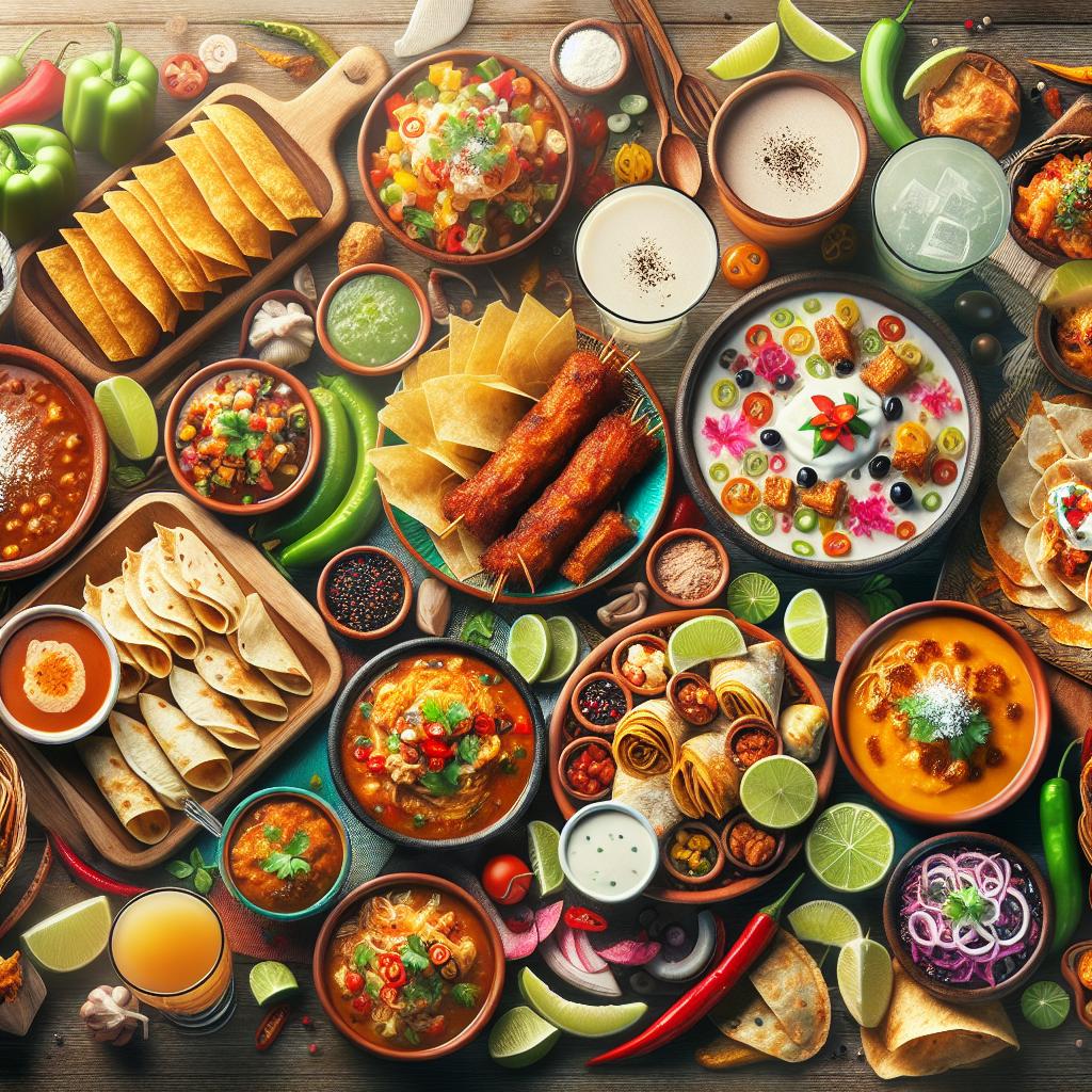 Colorful Latin cuisine spread.