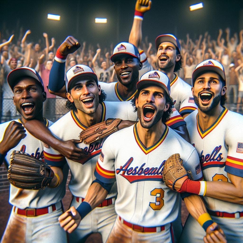 Baseball team celebrating victory.