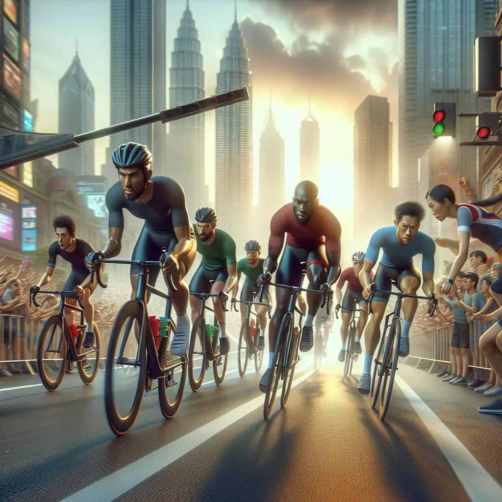 Cyclists racing through city.