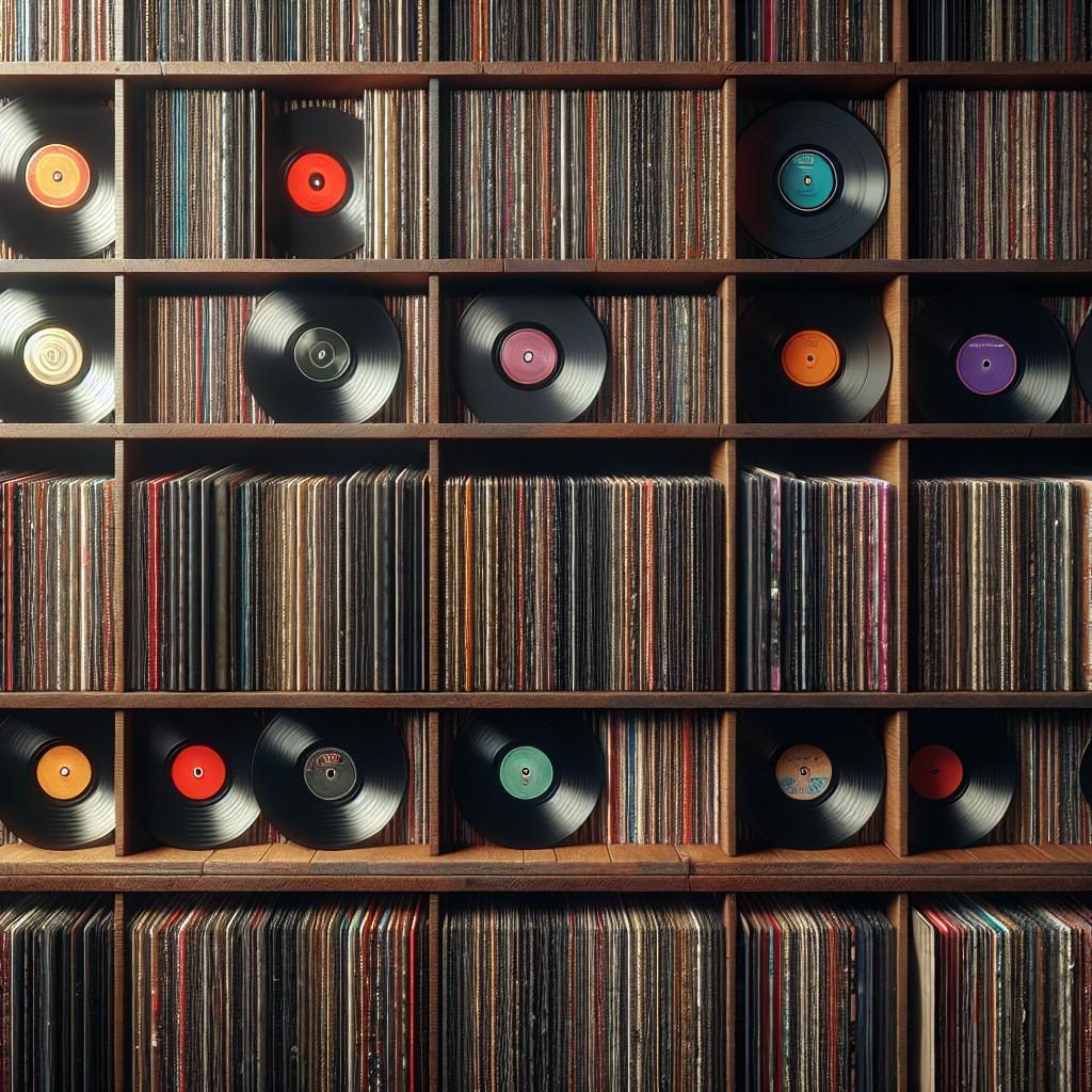 Vinyl records on shelves.