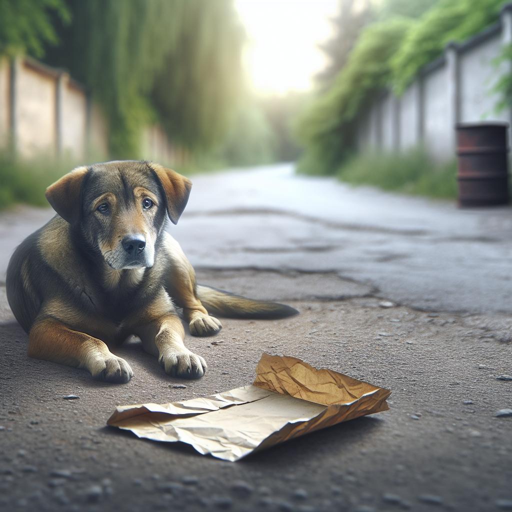 Abandoned dog with letter