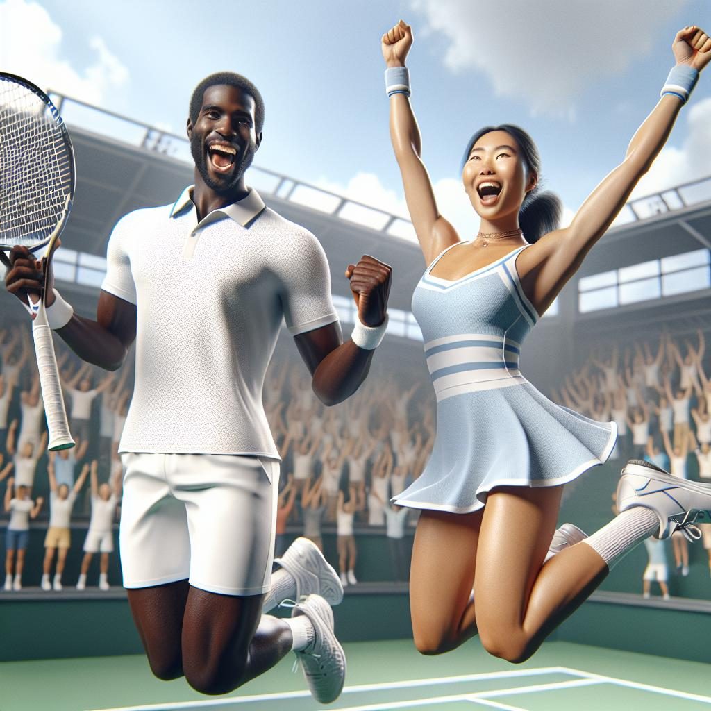"Tennis players celebrating victory."