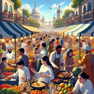 Colorful culinary marketplace bustling