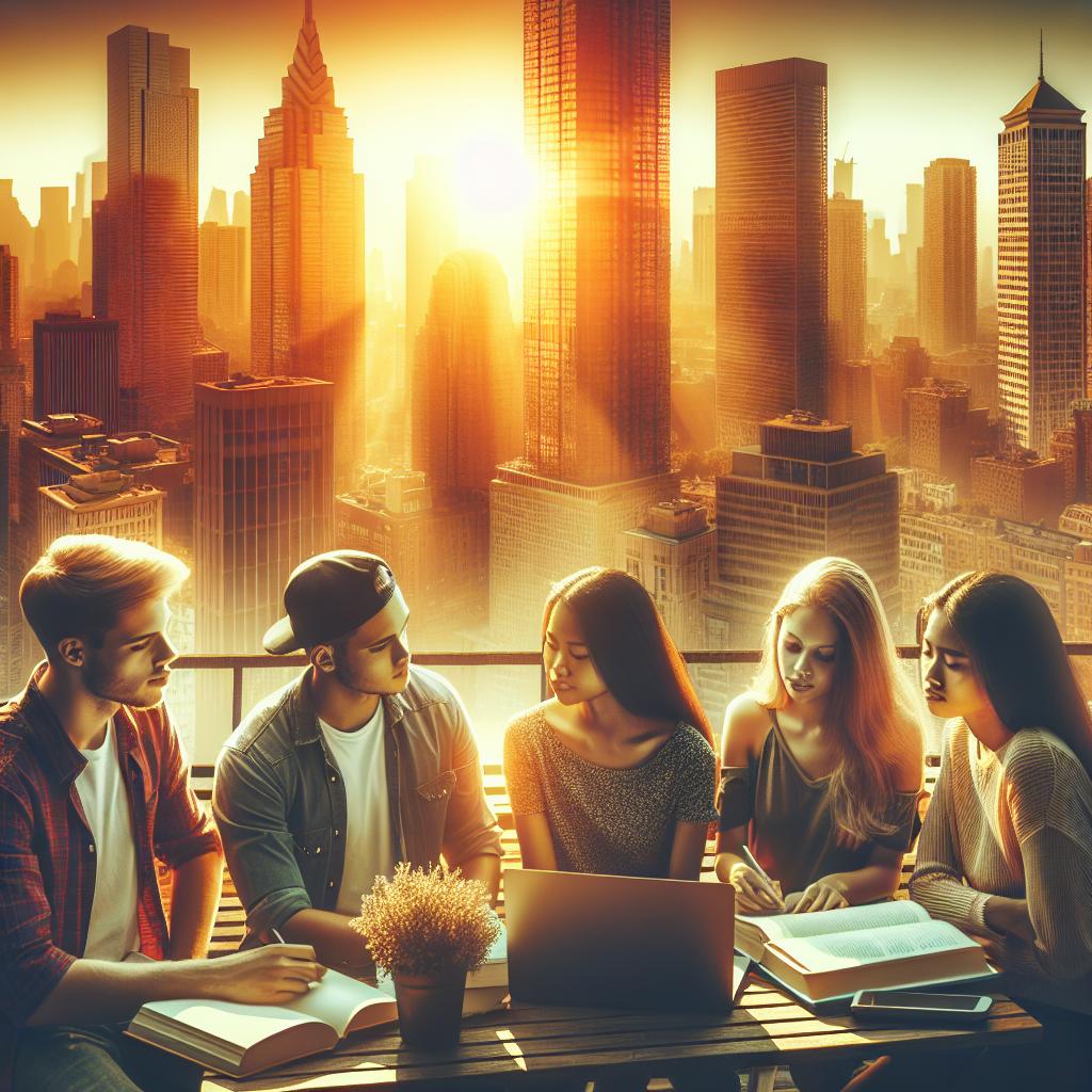 City skyline with students