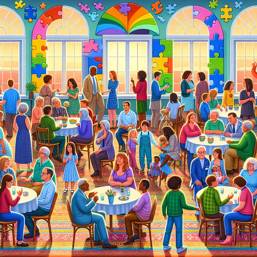 Autism community gathering scene.