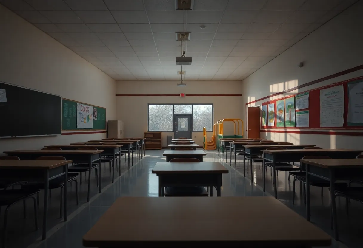 A group of supportive students standing together in front of their school.