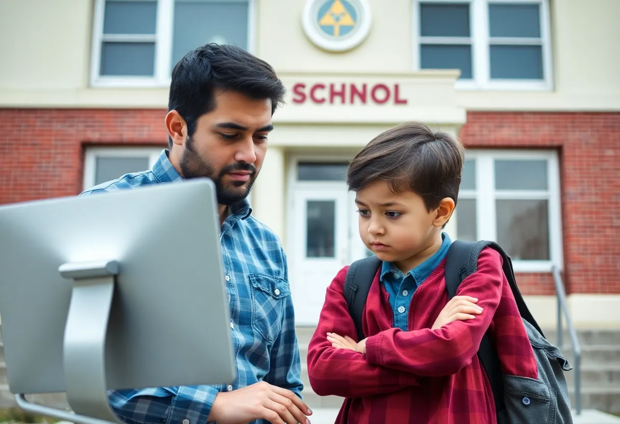 Parents and child discussing cybersecurity concerns outside a school