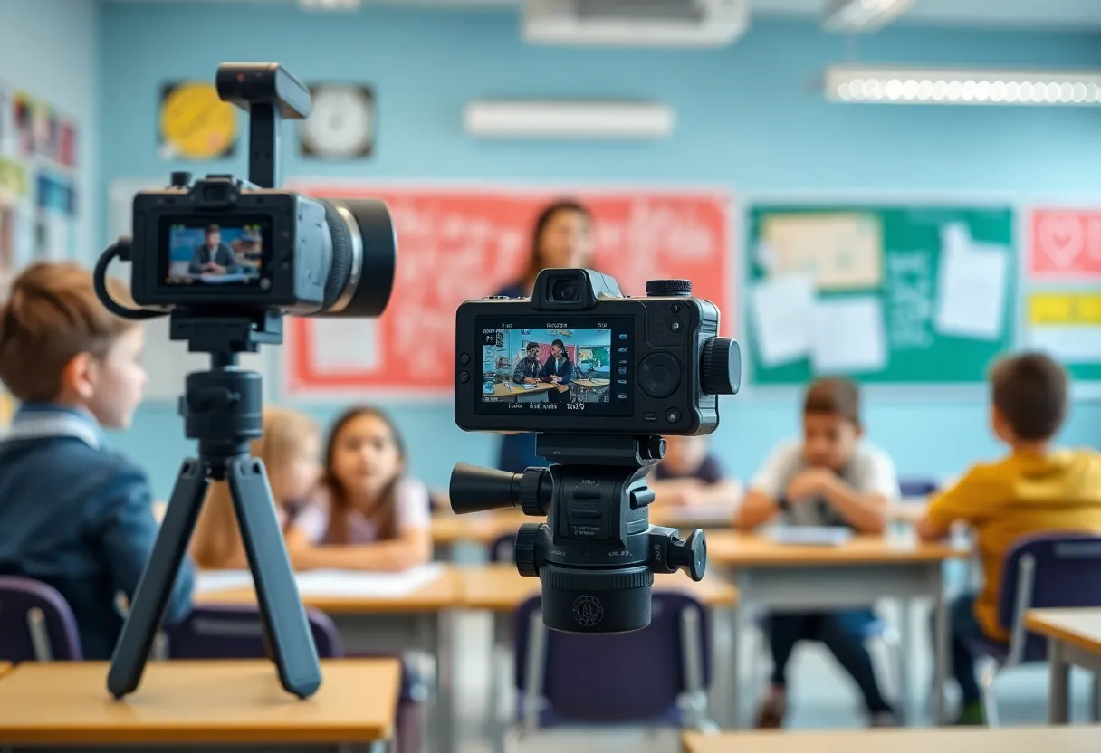 A classroom with a recording device capturing a lesson in progress.