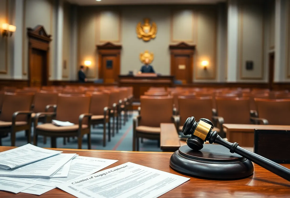 Empty courtroom with legal documents and a gavel