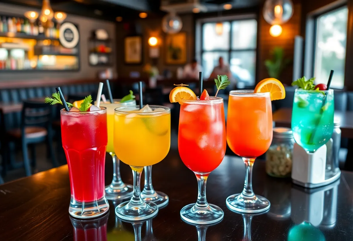 A variety of colorful mocktails displayed at a restaurant for Dry January.