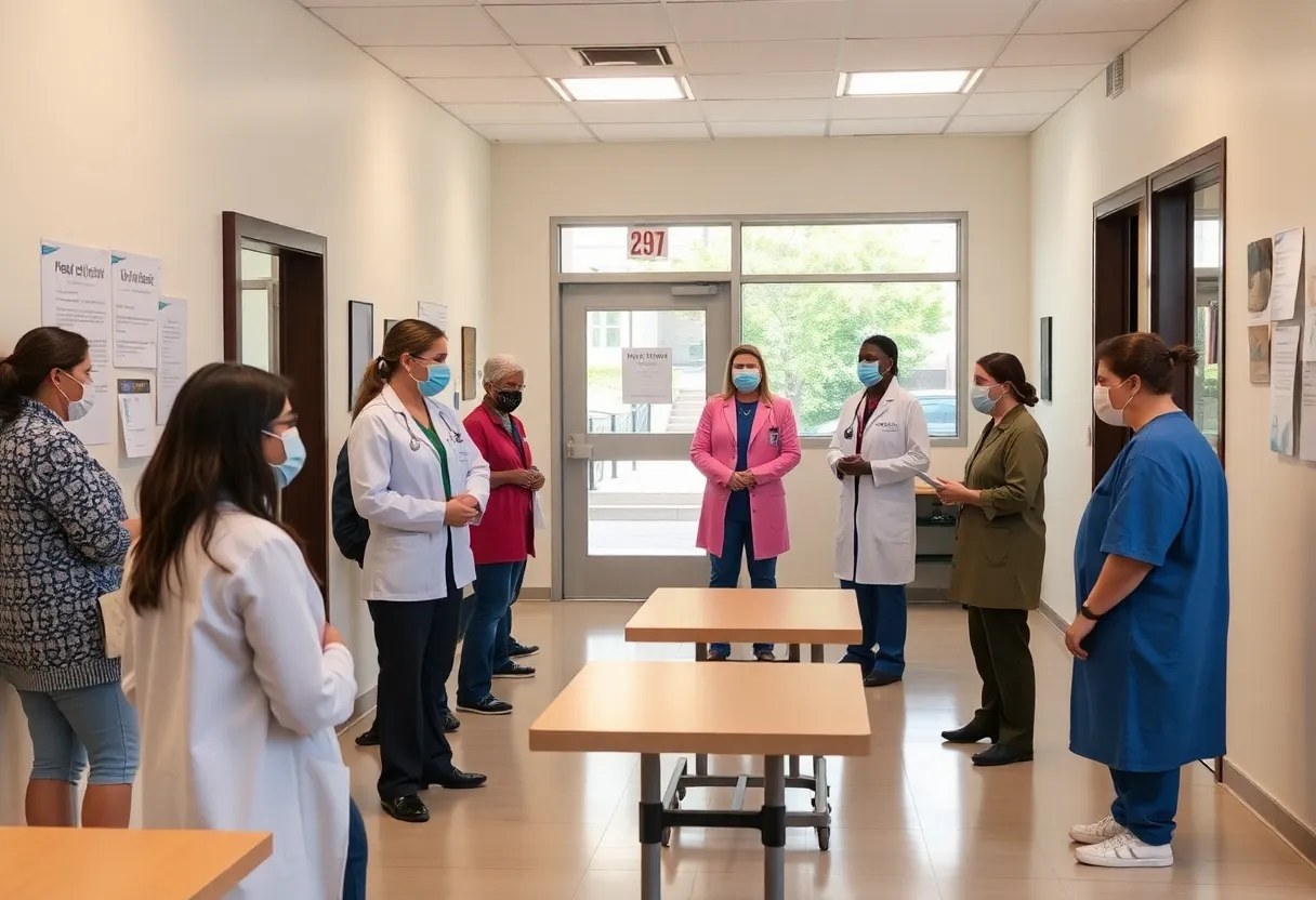 Volunteers providing free health care services at a community clinic.