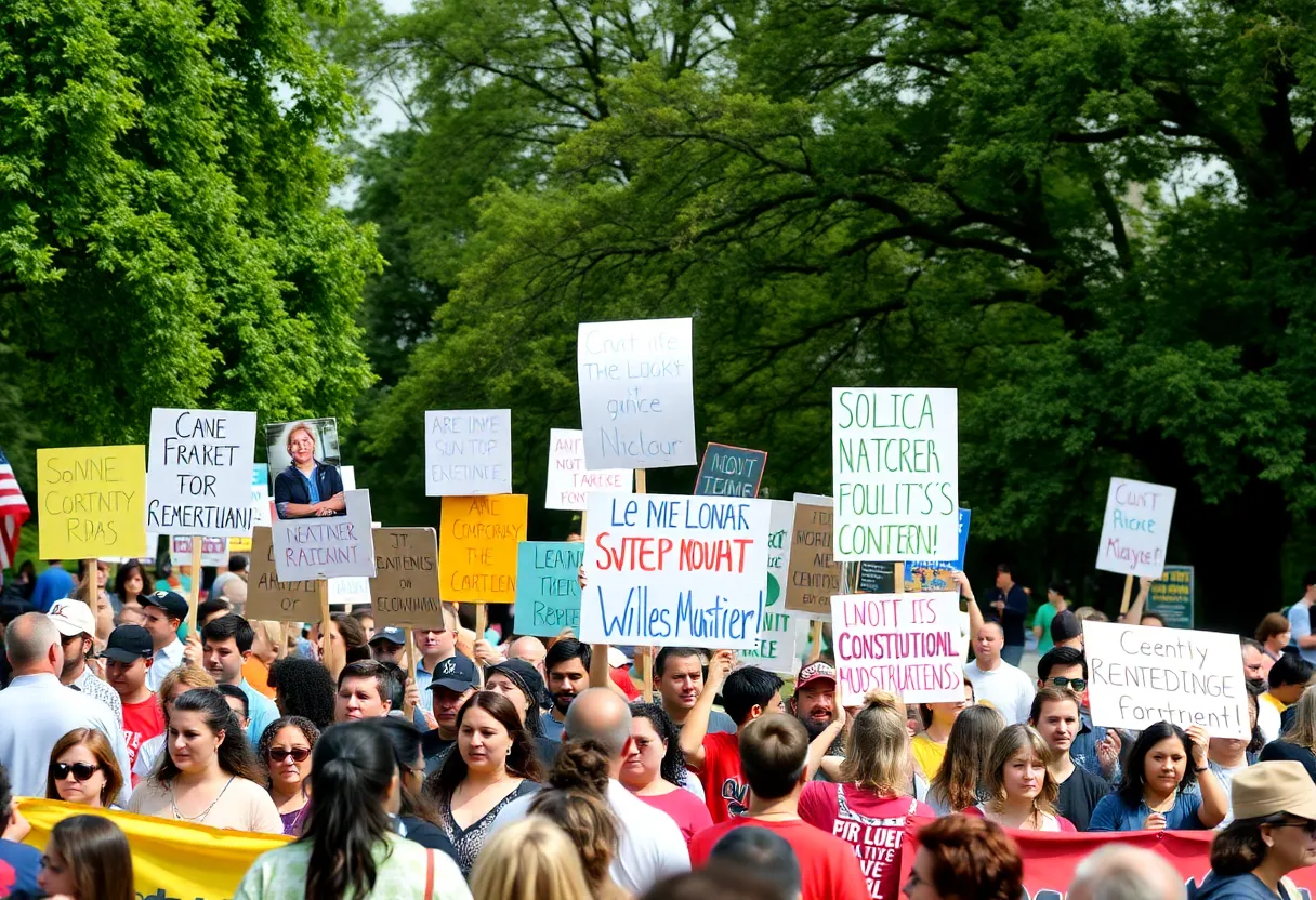 Participants holding signs and banners at the Rally for the People in Greenville.