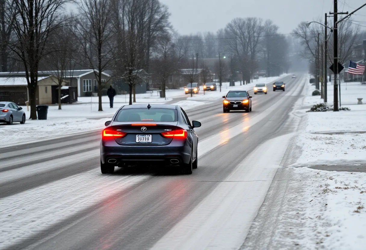 Light snowfall in Greenville, South Carolina with icy roads.