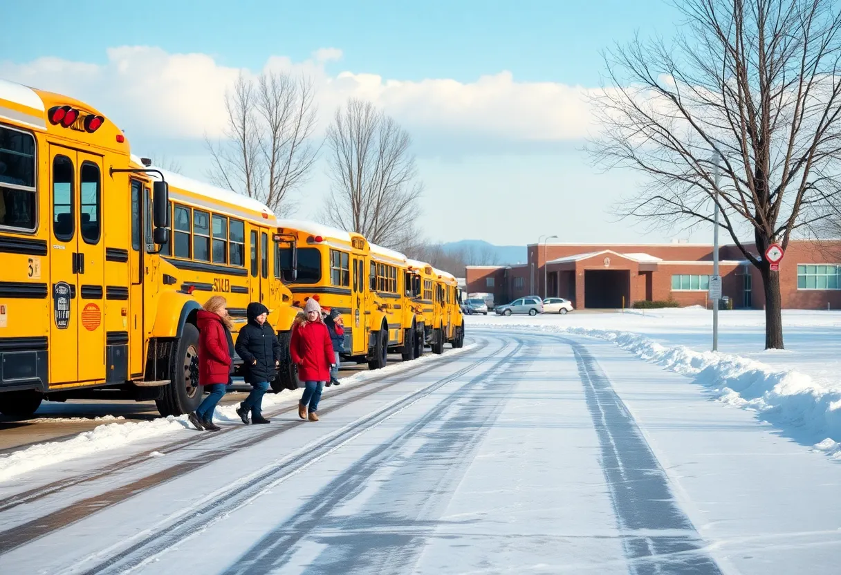 School buses parked outside a school on icy roads during winter weather