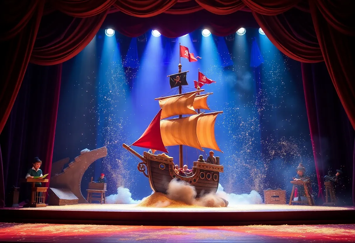 A colorful scene from Peter and the Starcatcher theater production with elements of adventure and magic