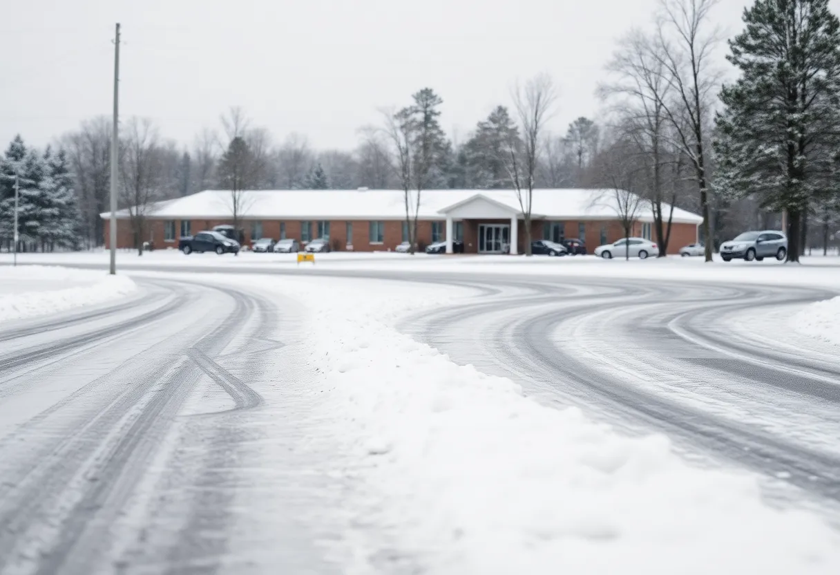 Icy roads and snow-covered school in South Carolina