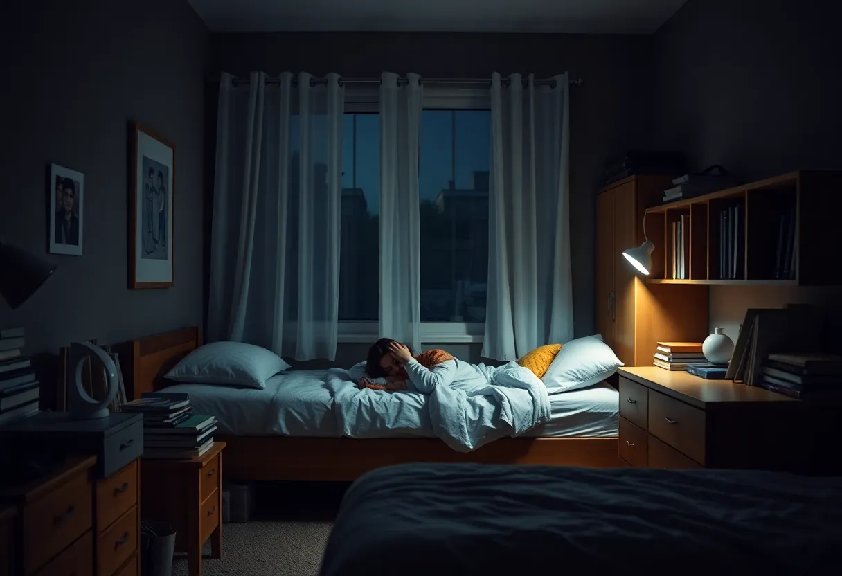 A college student preparing for bed in a cozy dorm room showcasing sleep hygiene
