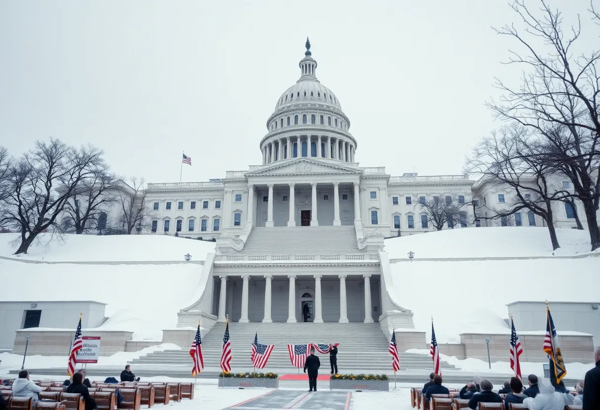 Indoor view of the Trump inauguration ceremony with decorations in the Capitol Rotunda.