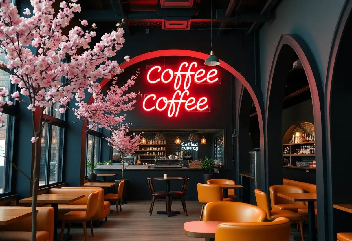 Cozy coffee shop interior with industrial design