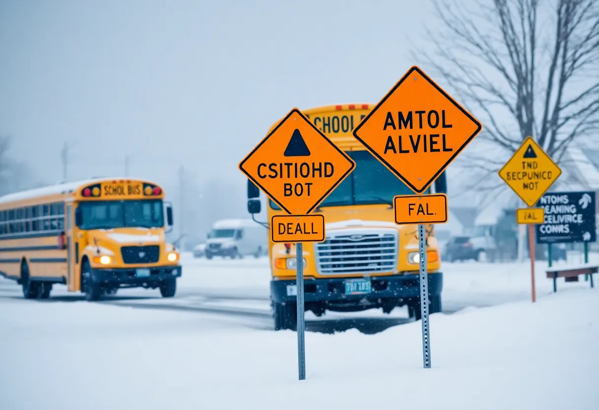 Snow-covered road with school bus and warning signs