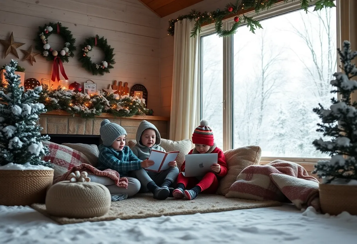 Children engaged in e-learning at home during winter weather.