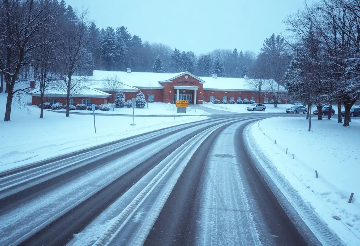 Snow-covered school indicating winter delays