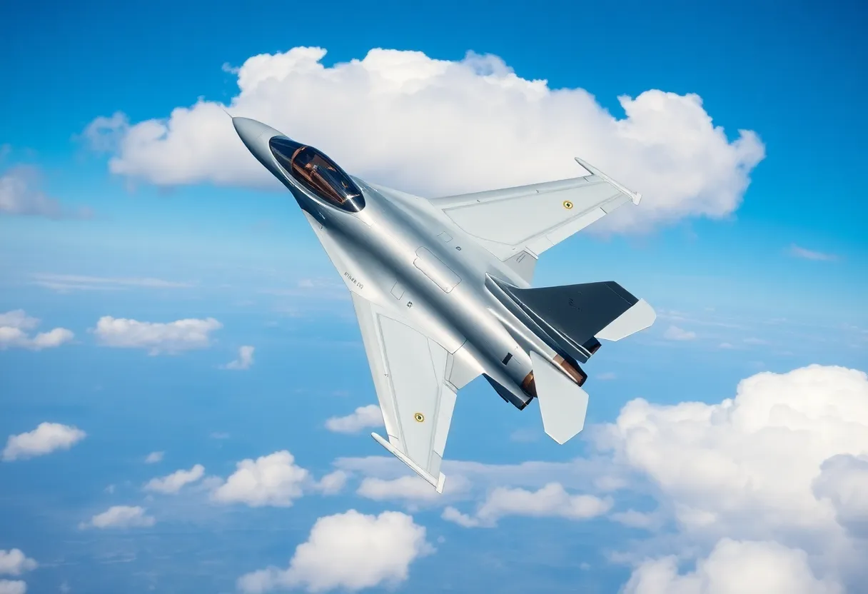 An F-16 Block 70 fighter jet in flight, representing Bulgaria's air force modernization.