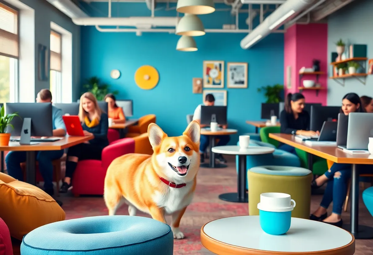 Corgi dog in a bustling coworking space filled with people enjoying their work.