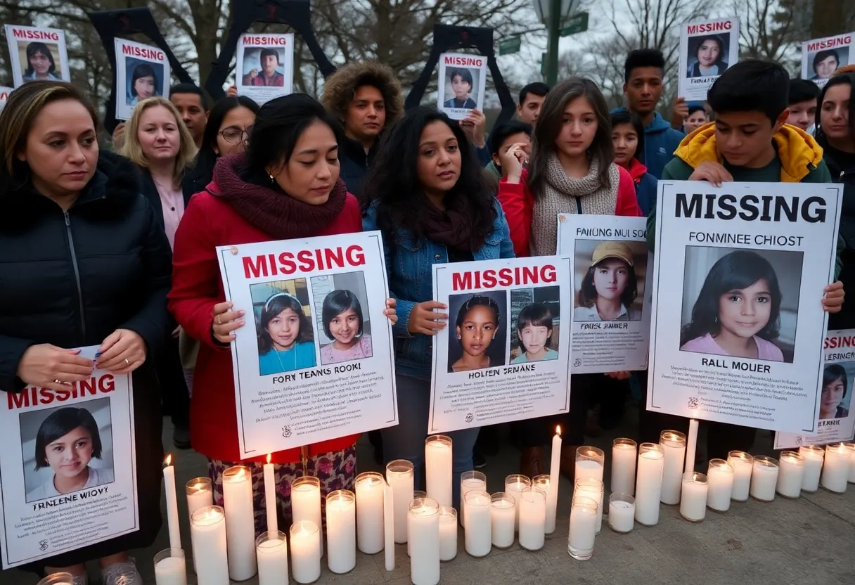 Community members holding candles and missing person posters.