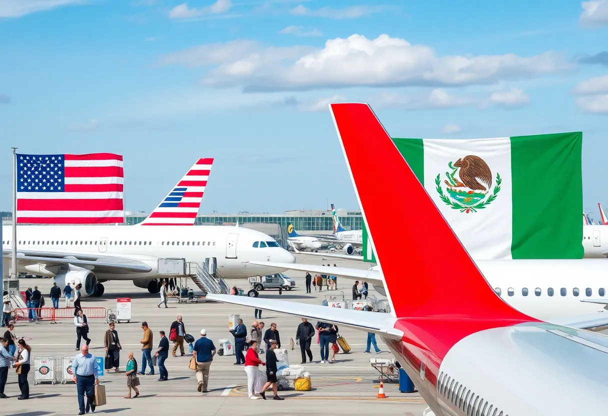Airport with airplanes and U.S. Mexico flags