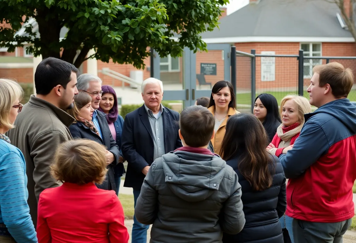 Parents discussing safety around school entrance