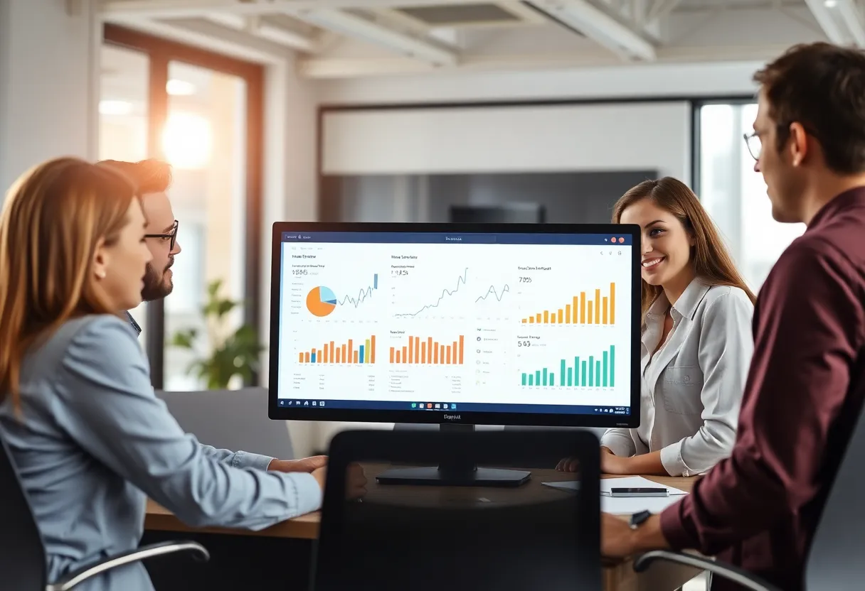 A team of digital marketers analyzing customer engagement metrics on a screen.