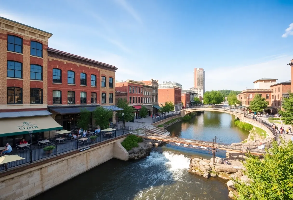 A picturesque view of downtown Greenville featuring the Reedy River and local restaurants.