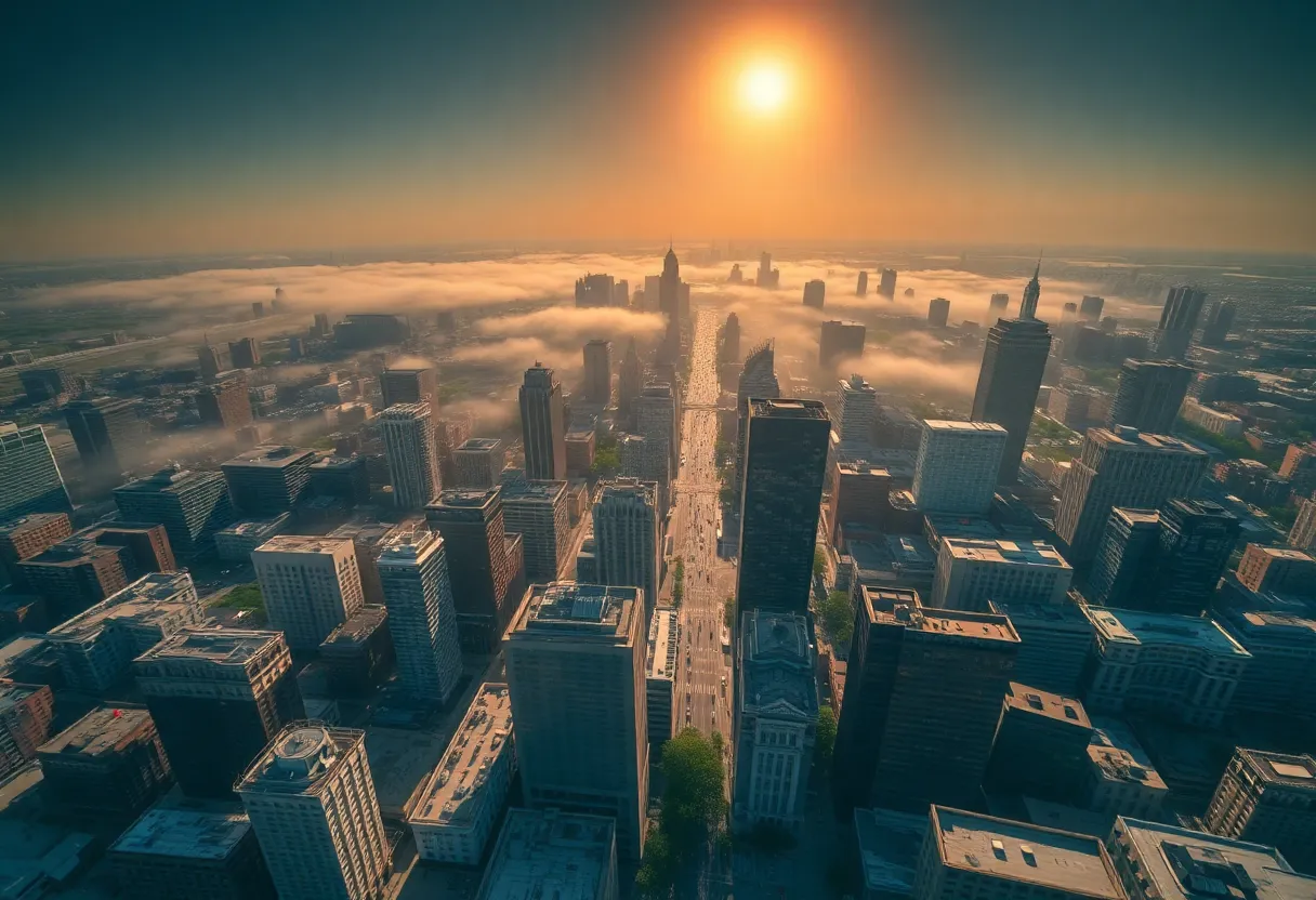 Aerial view of a city experiencing an extreme heatwave.