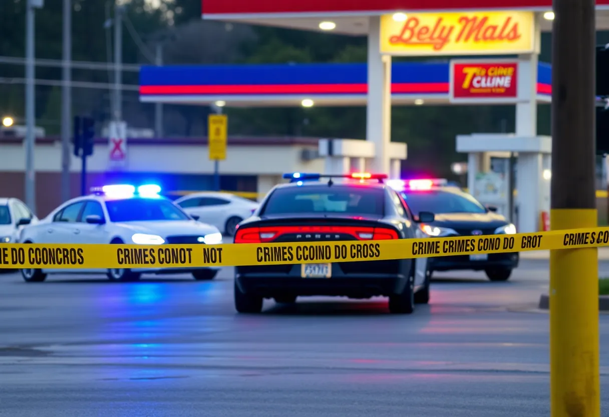 Crime scene at a gas station in Greenville with police presence.