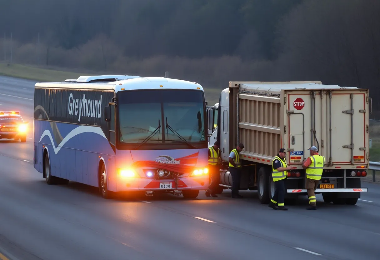 Scene of a Greyhound bus crash with emergency response teams on a highway