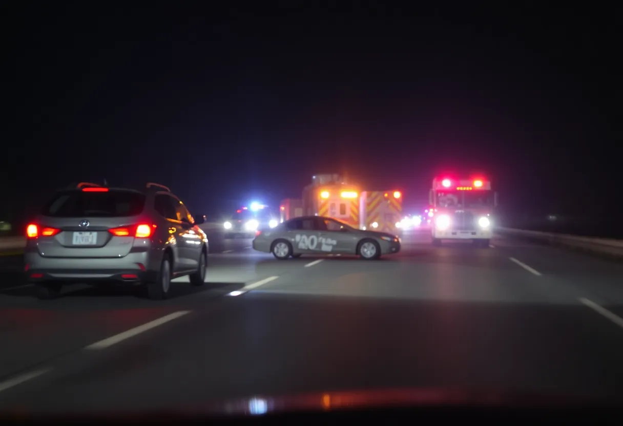 Nighttime view of a car accident on a highway with emergency lights