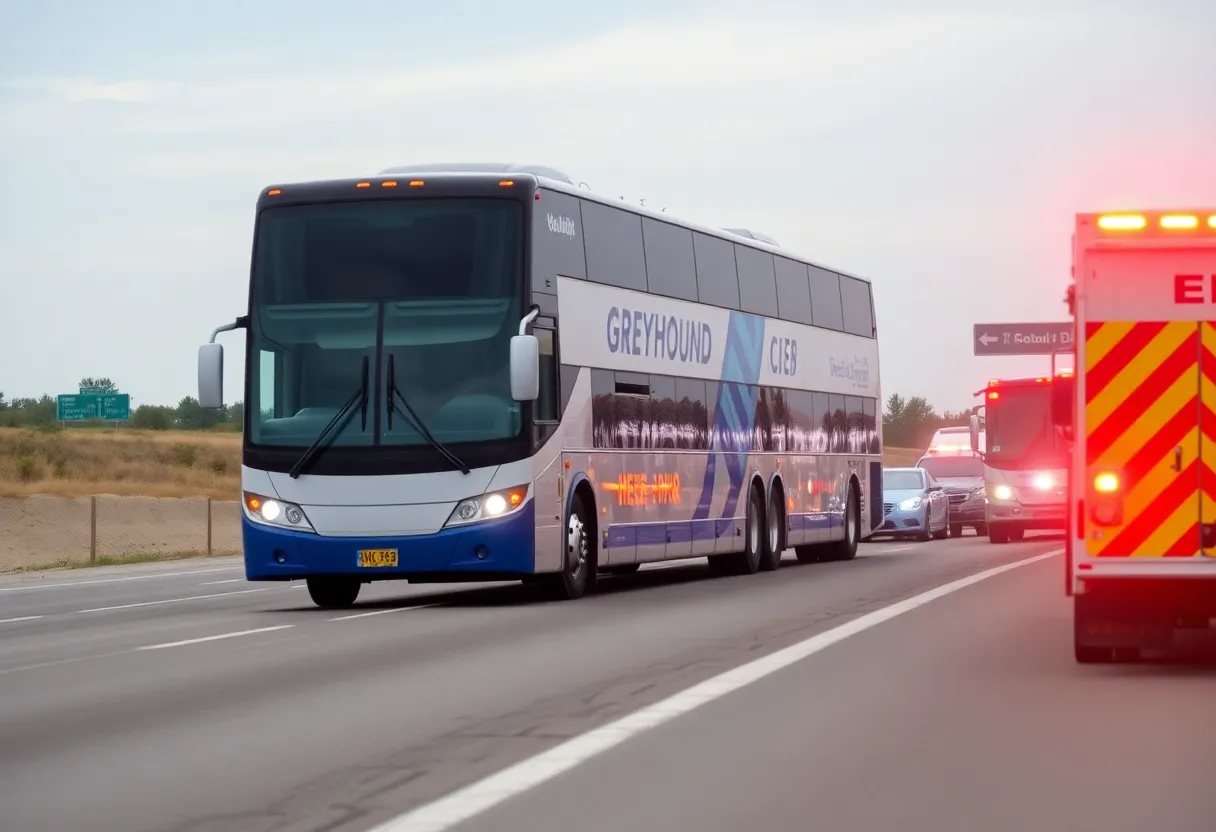Scene of a Greyhound bus crash with response vehicles