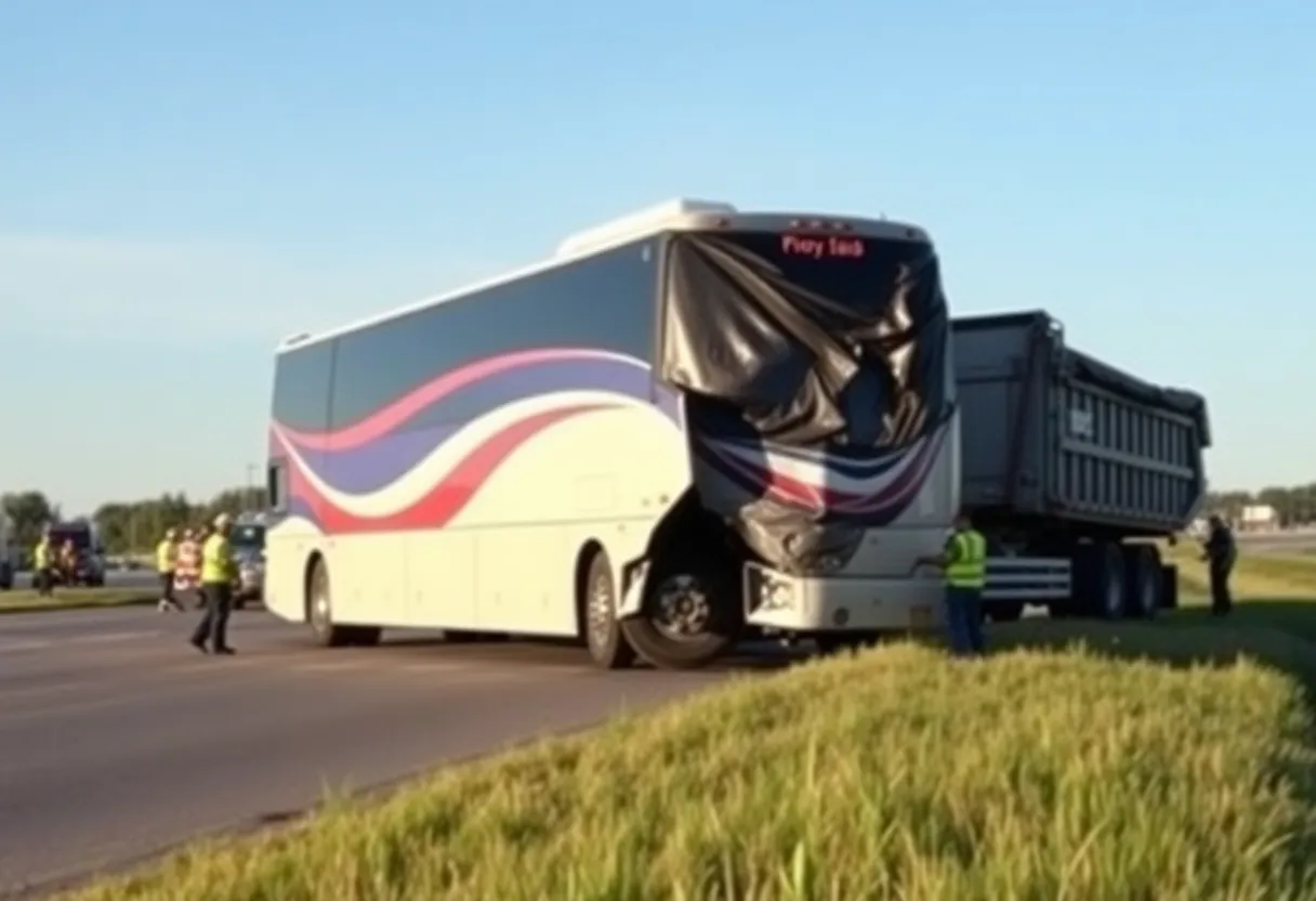Scene of a Greyhound bus crash with a dump truck and emergency responders