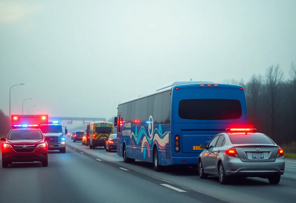 Scene of a Greyhound bus crash with emergency responders at the site