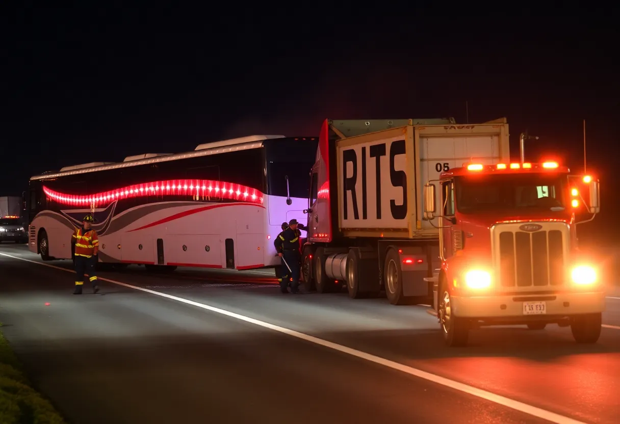 Emergency responders attending to a Greyhound bus crash