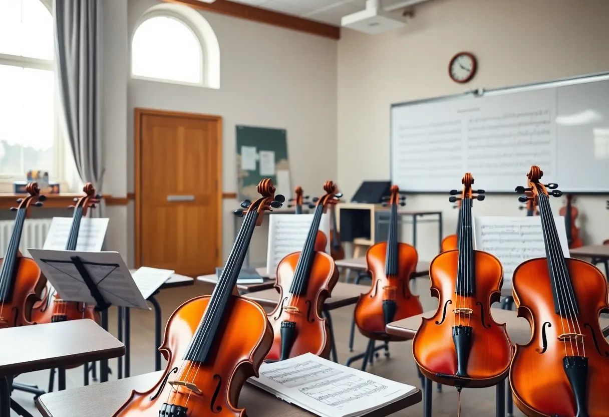 A music classroom filled with string instruments representing a music educator's legacy.