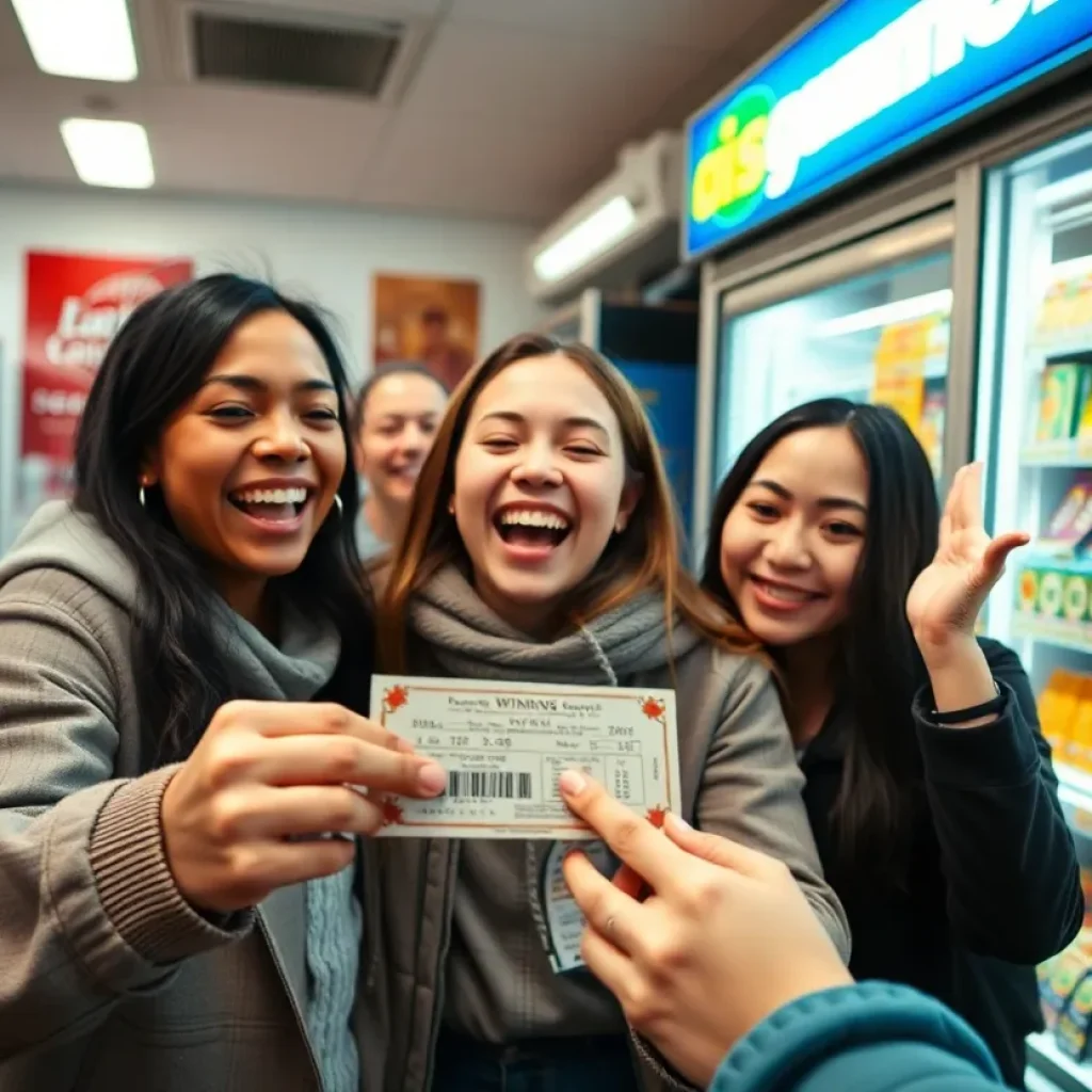 A winning lottery ticket on display in a convenience store with decorations in celebration of the big win.