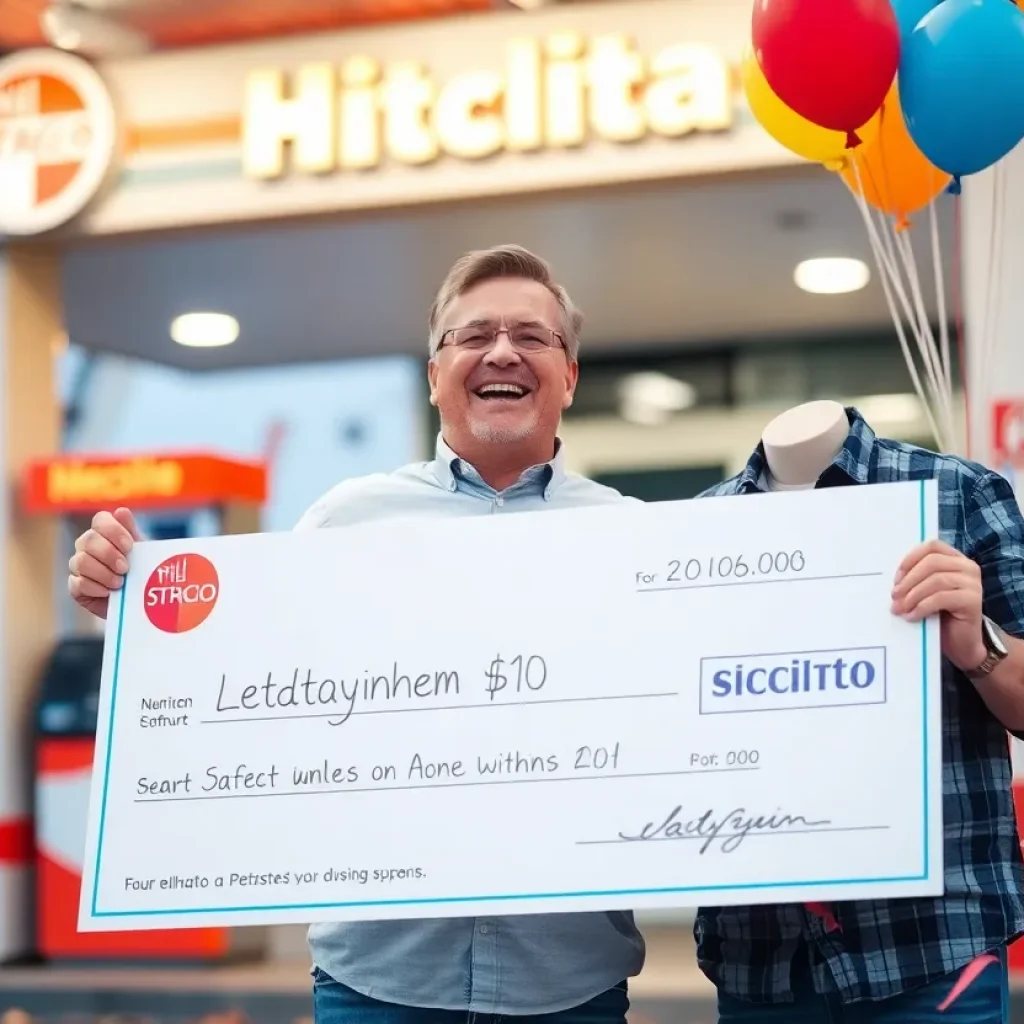 A delighted individual celebrating a $2 million lottery win outside a gas station.